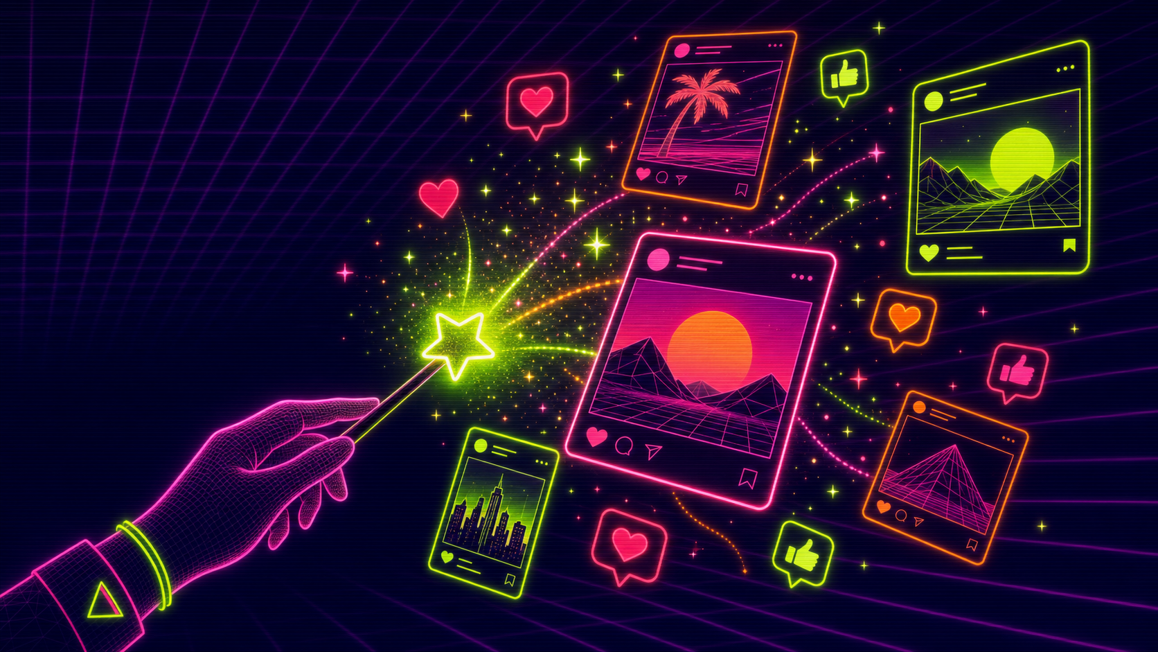 Neon speech bubbles representing AI-generated social content