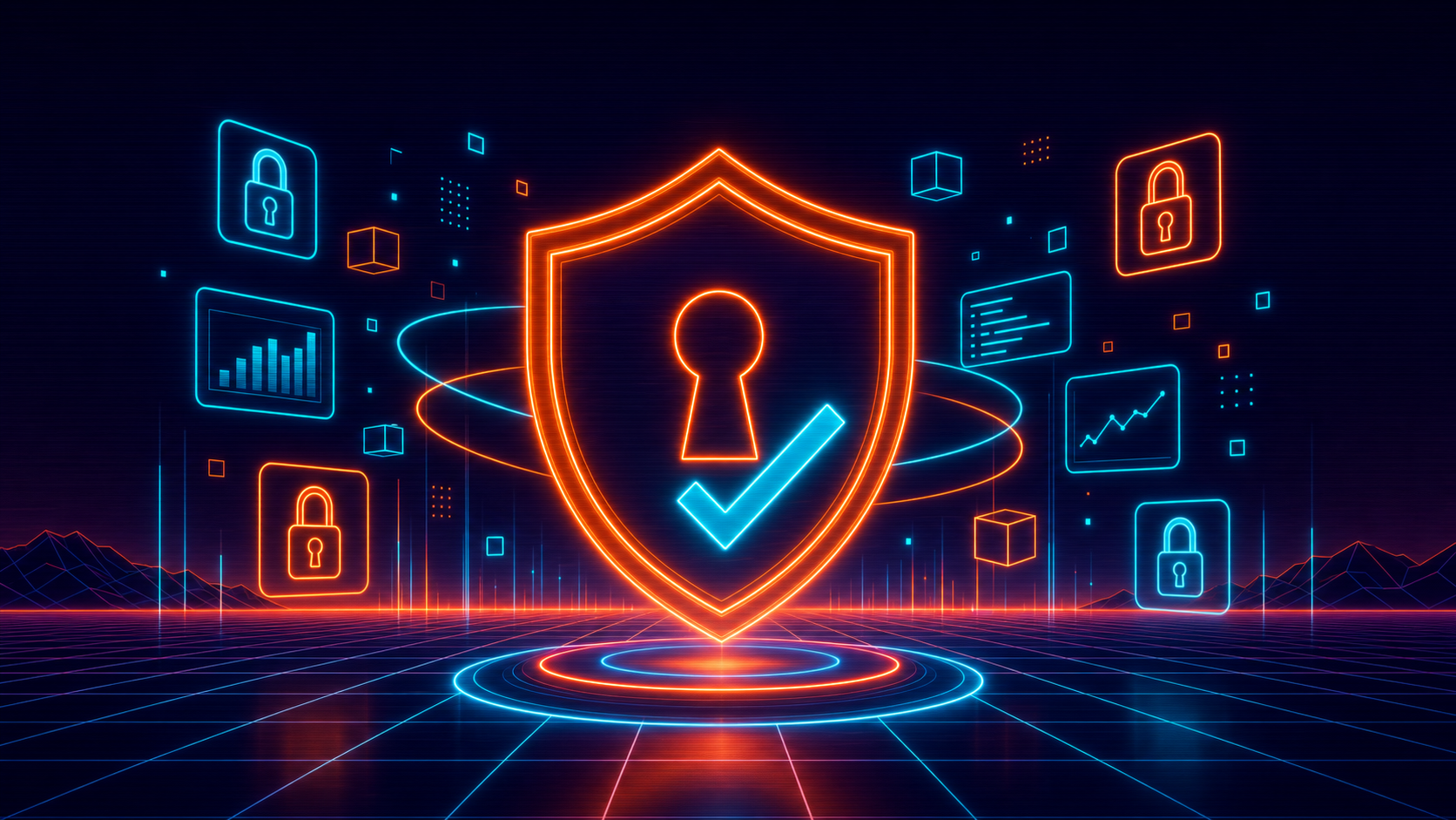 Neon shield representing responsible AI use and data privacy